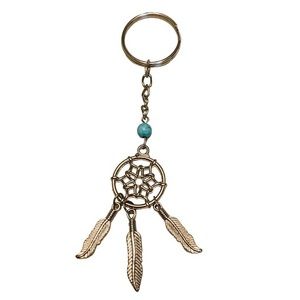 Dream Catcher Key Chain Silver Tone Simulated Turquoise Dangle Feathers VTG 70’s
